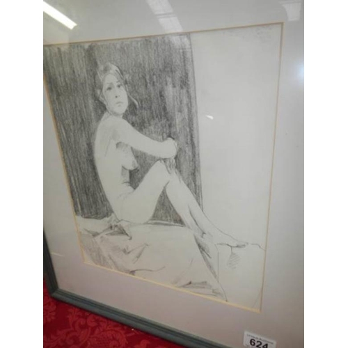 624 - A framed and glazed pencil drawing of a nude, image 26 x 30 cm