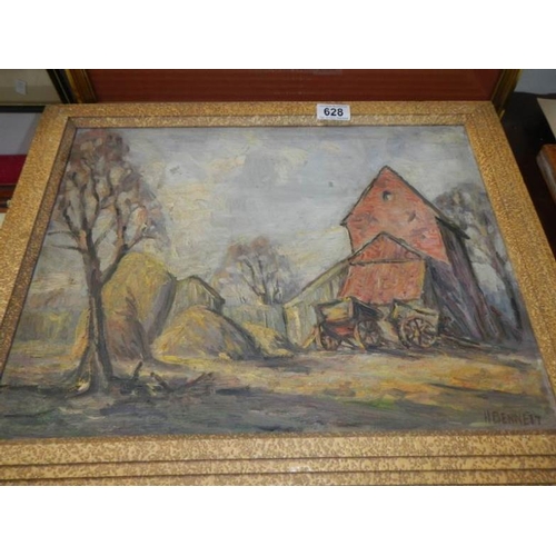 628 - A framed oil on board of a farmyard signed H Bennett, image 44 x 34 cm