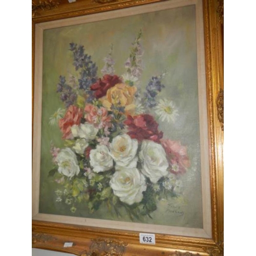 632 - A gilt framed oil on canvas 'July Bouquet' signed Phyllis Morgans R.G.I. image 45 x 56 cm