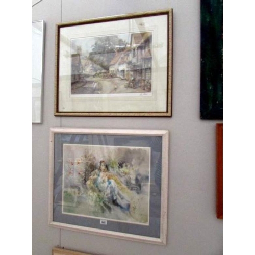 645 - A framed and glazed street scene print and a framed and glazed print of a seated lady