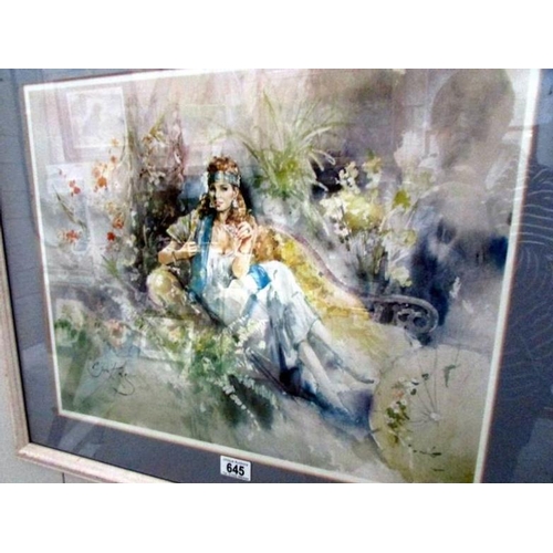 645 - A framed and glazed street scene print and a framed and glazed print of a seated lady