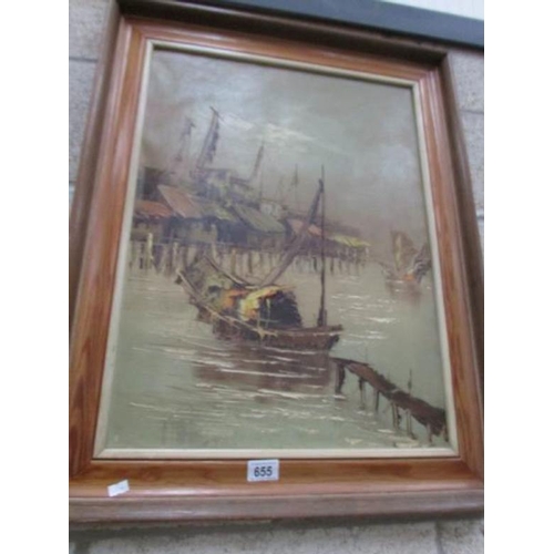 655 - A framed and glazed oil on canvas of a Chinese Junk, image 58 x 45