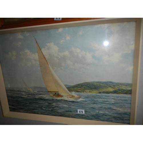 678 - A framed and glazed seascape with sailing boats, image 74 x 50 cm