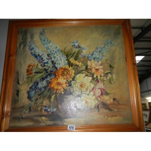 679 - A pine framed oil on board floral arrangement signed Joyce Lakeman, image 66 x59 cm