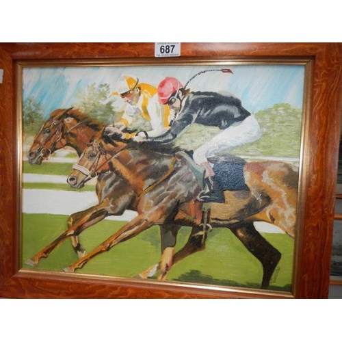 687 - An original oil on board 'Racehorses and Jockeys' signed Vivienne, image 43 x 33 cm