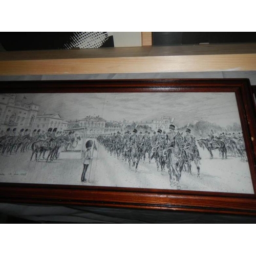 702 - 2 framed and glazed military pencil drawings, one signed