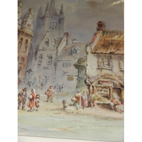 708 - A framed and glazed watercolour, Boston street scene, signed but indistinct, image 14 x 19 cm