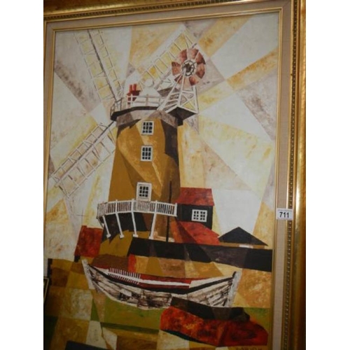 711 - A Cubist abstract oil on board of Lincolnshire windmill scene by Skegness artist Eric Blood (1931-20... 