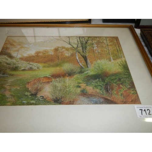 712 - A framed and glazed rural watercolour signed F R Hodson, 1944, image 34 x 23 cm