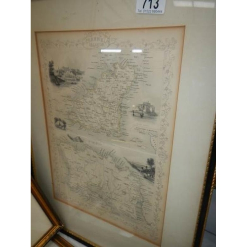 713 - A framed and glazed map of the Channel islands and 2 others