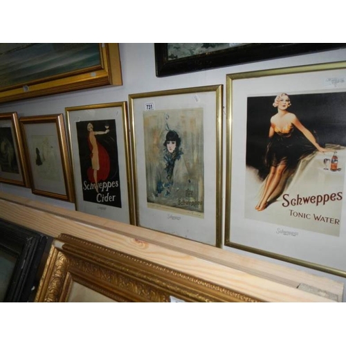 731 - 3 framed and glazed schwepps adverts and 2 other pictures