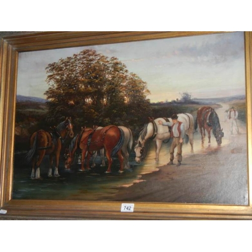 742 - An oil on canvas of horses drinking in river, signed A H Trengrove