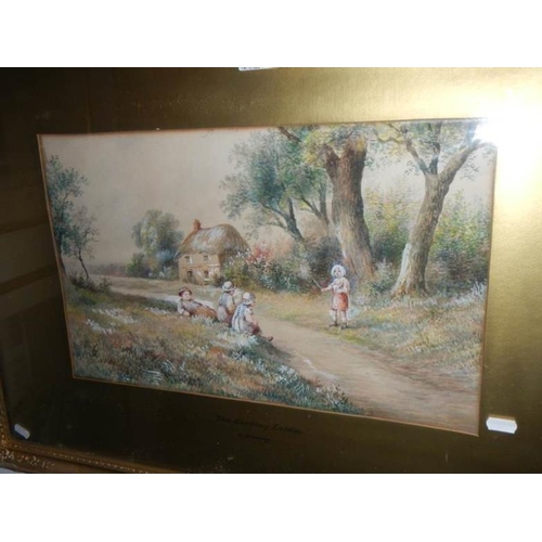 744 - 2 watercolours of children in rural landscape entitled 'The Reading Lesson' and 'The Fisher's retrea... 