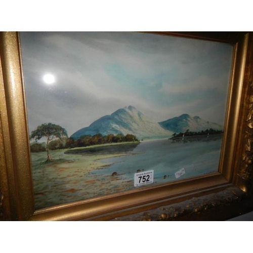 752 - 2 framed and glazed watercolours 'Lake Landscape' and 'Ships Mooring', both signed