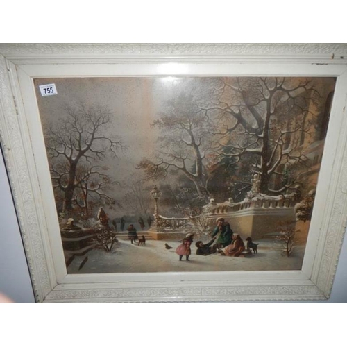 755 - A large framed and glazed winter scene, image 74 x 58