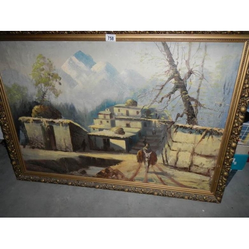 758 - A large oil on board Arabian village, image 98 x 68 cm