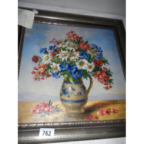 762 - A mid 20th century oil on canvas still life with flowers in jug, signed F Laurence, image 37 x 37 cm