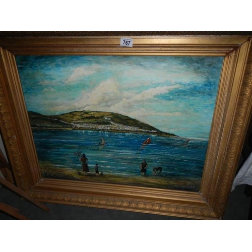 767 - A gilt framed oil on board beach scene, image 69 x 52 cm