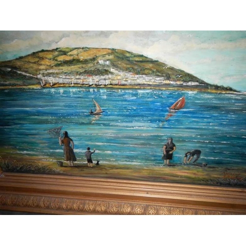 767 - A gilt framed oil on board beach scene, image 69 x 52 cm