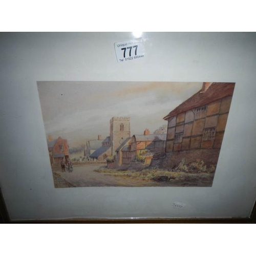 777 - A framed and glazed watercolour village scene signed W R Burrows, image 28 x 18 cm