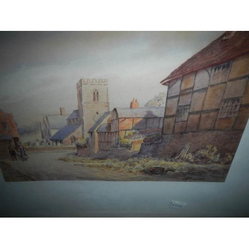 777 - A framed and glazed watercolour village scene signed W R Burrows, image 28 x 18 cm