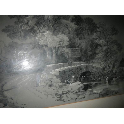 794 - A framed and glazed pencil drawing of a bridge scene, image 33 x 48 cm