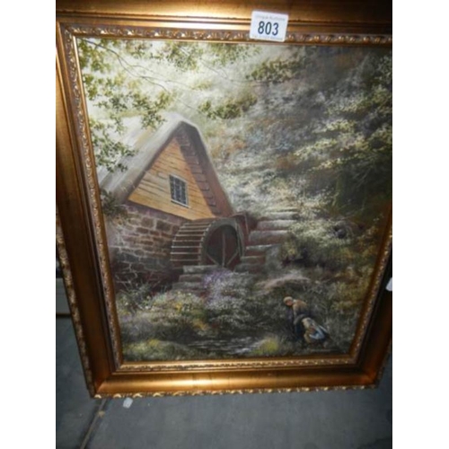 803 - A gilt framed oil on canvas of a water mill signed Roy Collett, image 50 x 40 cm