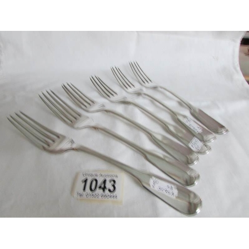 1043 - 6 silver forks, London 1823/24, I.H., Approximately 382g