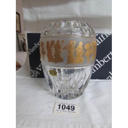 1049 - A boxed Belgian Val Saint Lambert glass vase with 22ct gold decoration, signed