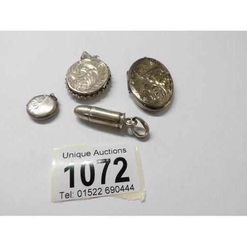 1072 - 3 silver lockets and an un marked bullet pendant