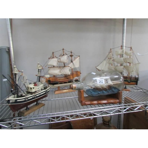 262 - 3 model ships and a ship in bottle