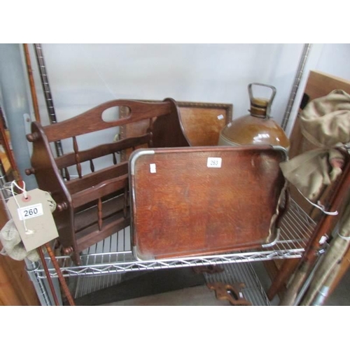 263 - 2 trays, a magazine rack and a stone ware tug