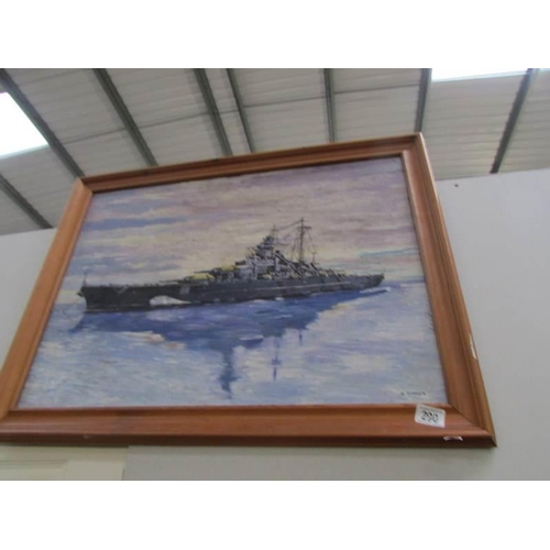 290 - An oil painting of a battleship singed J Tither