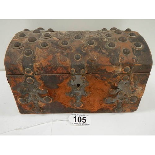 105 - An early Victorian hide covered dome topped glove box with copper mounts, hide a/f.