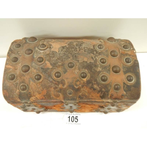 105 - An early Victorian hide covered dome topped glove box with copper mounts, hide a/f.