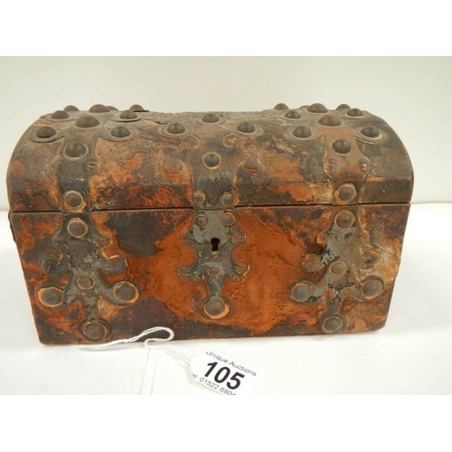 105 - An early Victorian hide covered dome topped glove box with copper mounts, hide a/f.