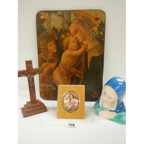 108 - A religious over painted print, a china bust, a framed miniature and a crucifix.