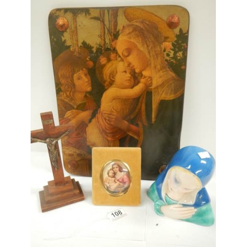 108 - A religious over painted print, a china bust, a framed miniature and a crucifix.