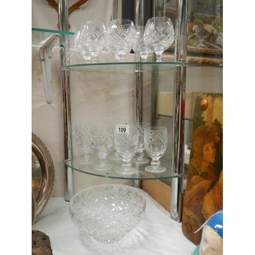 109 - A cut glass bowl and 2 sets of six cut glass drinking glasses in good condition.