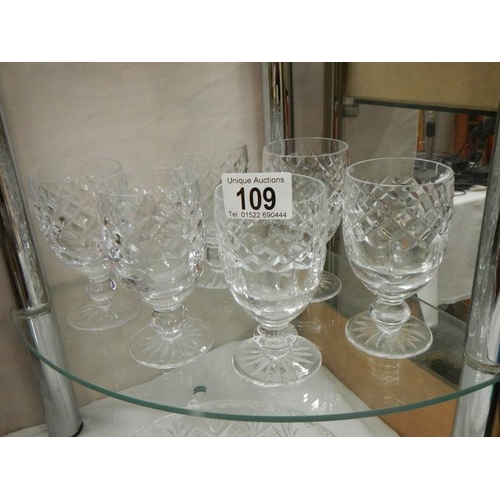 109 - A cut glass bowl and 2 sets of six cut glass drinking glasses in good condition.