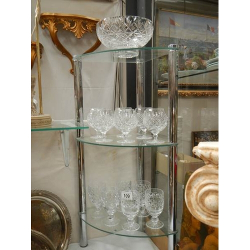 109 - A cut glass bowl and 2 sets of six cut glass drinking glasses in good condition.