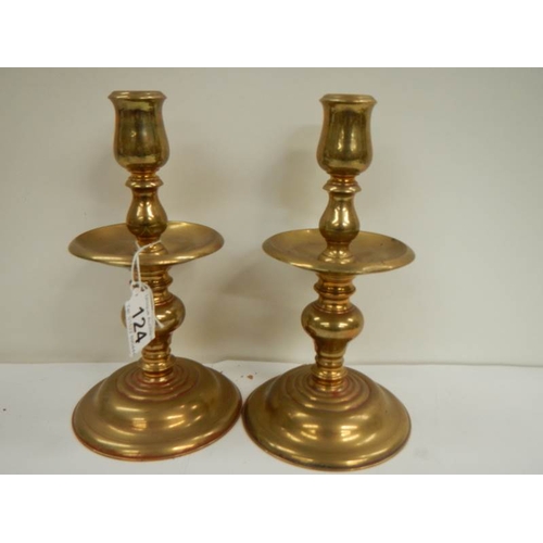 124 - A pair of heavy Georgian brass candlesticks, 9'' tall, in good condition and 1 other pair