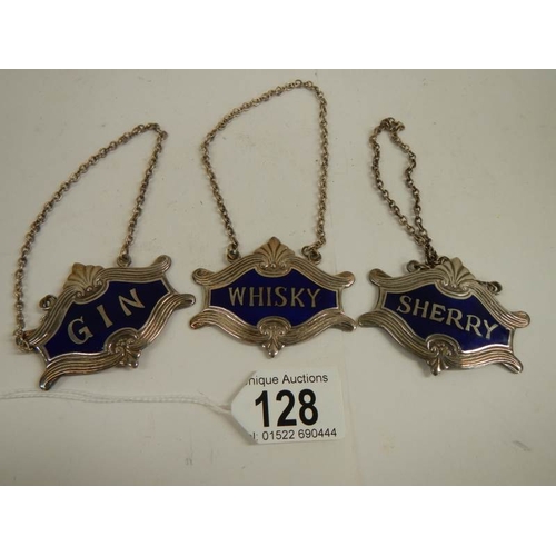 128 - A set of 3 plated and enamel wine labels.