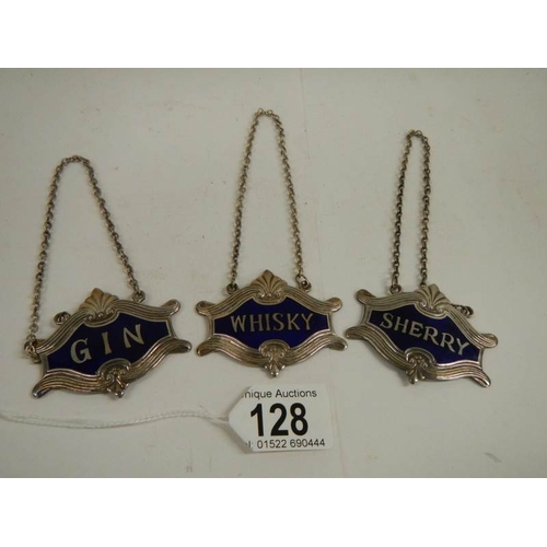 128 - A set of 3 plated and enamel wine labels.