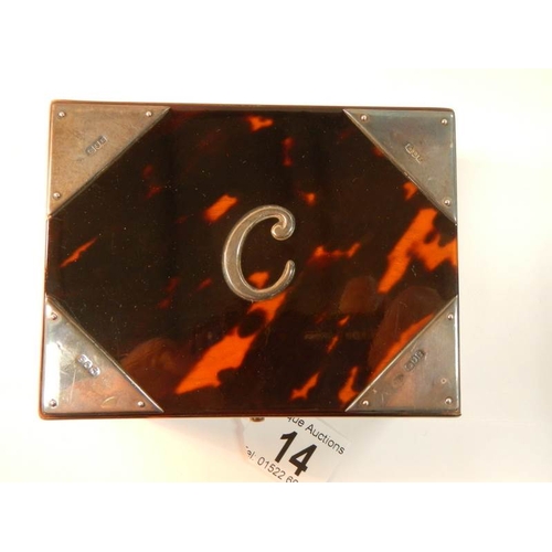 14 - An imitation tortoise shell box with silver mounts (two small strips missing, see image)