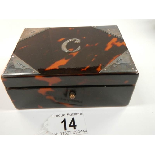 14 - An imitation tortoise shell box with silver mounts (two small strips missing, see image)