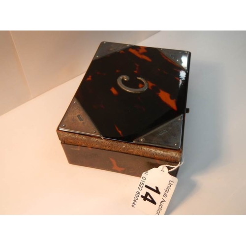 14 - An imitation tortoise shell box with silver mounts (two small strips missing, see image)