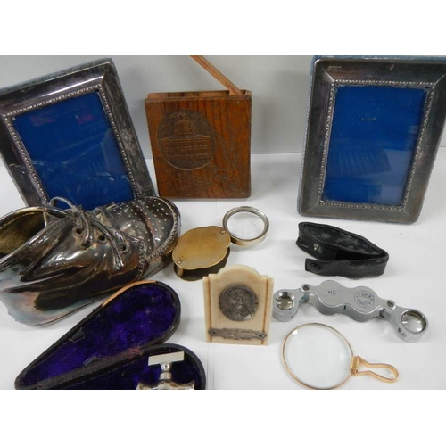 156 - A mixed lot of interesting items including silver rattle, brush etc.,