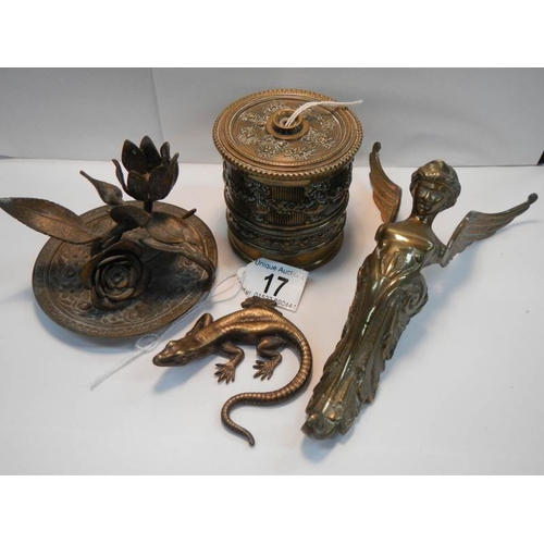 17 - An interesting collection of old brass and bronze items including string box, chamber candlestick, ;... 