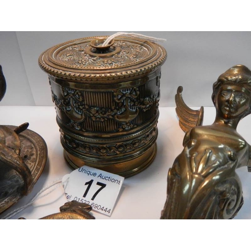 17 - An interesting collection of old brass and bronze items including string box, chamber candlestick, ;... 